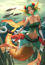 Rule 34 | 1girl, :d, air bubble, bare shoulders, blonde hair, breasts, bubble, character request, collarbone, commentary request, copyright request, elbow gloves, fins, fish, full body, gloves, gradient hair, green eyes, green hair, hair ornament, head fins, highres, leaf hair ornament, looking at viewer, medium breasts, mermaid, monster girl, multicolored hair, navel, oopartz yang, open mouth, smile, solo, staff, underwater, white gloves