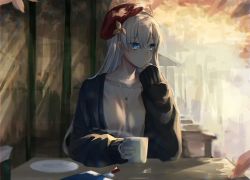 Rule 34 | 1girl, anastasia (fate), bad id, bad twitter id, bar (place), blue eyes, coffee mug, contemporary, cup, earrings, fate/grand order, fate (series), hat, highres, hitomin (ksws7544), jewelry, long hair, looking to the side, mug, pendant, silver hair, sleeves past wrists, solo, steam