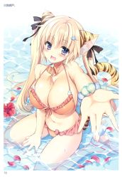 Rule 34 | 1girl, absurdres, animal ears, bikini, blonde hair, blush, breasts, cat ears, cat girl, cat tail, choker, cleavage, fang, female focus, flower, hair ornament, hairpins, happy, highres, jewelry, large breasts, long hair, looking at viewer, navel, purple eyes, ribbon, sandals, sanshoku amido, sitting, smile, solo, swimsuit, tail, tiger ears, tiger tail, twintails, water, wet