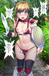 Rule 34 | 1boy, armor, armored boots, armpit crease, bar censor, bikini, bikini armor, black thighhighs, blonde hair, blue eyes, blush, boots, braid, breasts, censored, commentary request, crossdressing, erection, feet out of frame, highres, holding, holding sword, holding weapon, male focus, medium hair, navel, nipple slip, nipples, open mouth, original, penis, photo background, red bikini, saigado, shield, shiny skin, shoulder armor, small breasts, solo, sound effects, speech bubble, stomach, sweatdrop, swept bangs, swimsuit, sword, thighhighs, thighs, translation request, trap, weapon, wooden shield