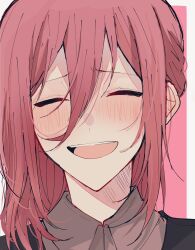 Rule 34 | 1boy, ^ ^, blue lock, blush, brown shirt, chigiri hyoma, closed eyes, collared shirt, facing viewer, highres, long hair, male focus, natsuneco 02, open mouth, pink background, portrait, red hair, shirt, smile, solo