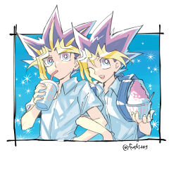 Rule 34 | 2boys, ;d, alternate costume, blonde hair, blue eyes, bright pupils, collared shirt, commentary request, cup, disposable cup, drinking, drinking straw, dyed bangs, fushitasu, holding, lowres, male focus, multiple boys, muto yugi, one eye closed, open mouth, shirt, short sleeves, smile, sparkle, spiked hair, teeth, tongue, upper teeth only, white pupils, yami yugi, yu-gi-oh!, yu-gi-oh! duel monsters