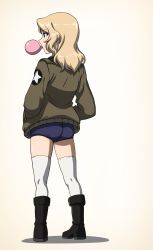 Rule 34 | 10s, 1girl, black footwear, blonde hair, blue eyes, blue shorts, bomber jacket, boots, brown jacket, blowing bubbles, chewing gum, denim, denim shorts, emblem, from behind, full body, girls und panzer, hands in pockets, highres, jacket, kay (girls und panzer), long hair, long sleeves, military, military uniform, short shorts, shorts, solo, thighhighs, uniform, white background, white thighhighs, zimu
