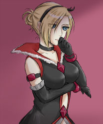 Rule 34 | 1girl, annie leonhart, black neckwear, blonde hair, blue eyes, bracelet, breasts, choker, cosplay, dress, eas (cosplay), eas (fresh precure!), elbow gloves, eyes visible through hair, folded ponytail, fresh precure!, gloves, hairband, hand on own face, impossible clothes, jewelry, lips, mei (mei 5), precure, shingeki no kyojin, short hair, solo