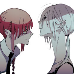 Rule 34 | 2girls, black necktie, black tank top, braid, braided ponytail, chainsaw man, close-up, closed mouth, commentary request, eye contact, face-to-face, from side, hair between eyes, highres, long hair, long neck, looking at another, makima (chainsaw man), medium hair, multiple girls, naotin3333, necktie, ponytail, portrait, profile, quanxi (chainsaw man), red hair, ringed eyes, scowl, shirt, short hair, simple background, smile, tank top, tsurime, white background, white hair, white shirt, yellow eyes