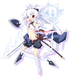 Rule 34 | 1girl, bandages, detached sleeves, dual wielding, flat chest, ghost, holding, horns, katana, knife, long hair, midriff, open clothes, open mouth, open shorts, original, pointy ears, ponytail, red eyes, reku, shiroko (reku), shorts, silver hair, solo, sword, tank top, very long hair, weapon
