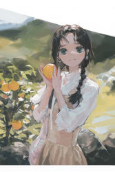 Rule 34 | 1girl, absurdres, black hair, blue eyes, blurry, blurry background, braid, brown dress, commentary, day, dress, earrings, food, fruit, hair over shoulder, hands up, highres, holding, holding food, holding fruit, jewelry, long hair, long sleeves, orange (fruit), original, outdoors, parted lips, plant, shirt, smile, solo, twin braids, upper body, white shirt, zygocactus