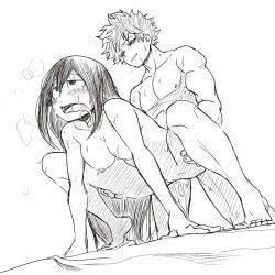 Rule 34 | 1boy, 1girl, ahegao, asui tsuyu, boku no hero academia, breasts, doggystyle, from behind, full body, greyscale, hetero, highres, implied sex, krumbs (dailykrumbs), long hair, long tongue, medium breasts, midoriya izuku, monochrome, nude, open mouth, pussy juice, rolling eyes, saliva, sex, sex from behind, short hair, simple background, tongue, tongue out, vaginal, white background