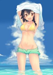 Rule 34 | 10s, 1girl, armpits, arms up, bikini, bikini bottom only, bikini shorts, black hair, blush, braid, breasts, brown eyes, caustics, cleavage, clothes lift, cloud, collarbone, day, girls und panzer, green bikini, green shorts, groin, hair between eyes, happy, highres, kame^^, legs apart, lifted by self, long sleeves, looking at viewer, lowleg, lowleg shorts, medium breasts, mismatched bikini, navel, ocean, open fly, open mouth, outdoors, pepperoni (girls und panzer), shirt, shirt lift, short hair, short shorts, shorts, side braid, sideboob, sky, smile, solo, standing, swimsuit, underboob, undressing, wading, water, white shirt, yellow bikini
