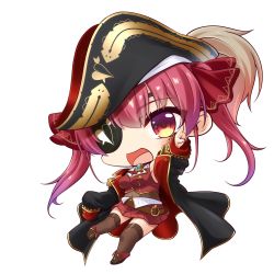 Rule 34 | 1girl, :d, bare shoulders, bicorne, black hat, black jacket, blush, boots, breasts, brown footwear, brown thighhighs, chibi, covered navel, epaulettes, eyepatch, full body, hair between eyes, hair ribbon, hat, hololive, houshou marine, jacket, long hair, long sleeves, looking at viewer, medium breasts, open clothes, open jacket, open mouth, outstretched arm, pleated skirt, pointing, red eyes, red hair, red ribbon, red shirt, red skirt, ribbon, shachoo., shirt, simple background, skirt, sleeveless, sleeveless shirt, sleeves past fingers, sleeves past wrists, smile, solo, thighhighs, thighhighs under boots, twintails, virtual youtuber, white background