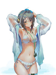 Rule 34 | 1girl, absurdres, ahoge, arknights, armpits, arms up, bikini, black hair, blue jacket, blush, breasts, brown eyes, cleavage, closed mouth, cowboy shot, frilled bikini, frills, furioso, hair bun, hair ornament, hairclip, highres, id card, jacket, la pluma (arknights), la pluma (summer flowers) (arknights), long sleeves, looking at viewer, medium breasts, navel, official alternate costume, open clothes, open jacket, see-through, short hair, simple background, single hair bun, single side bun, solo, stomach, swimsuit, thigh gap, unzipped, white background, white bikini, wing hair ornament, x hair ornament