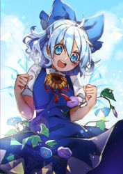 Rule 34 | 1girl, :d, ahoge, blouse, blue bow, blue dress, blue eyes, blue flower, blue hair, blue sky, blurry, blush, bow, breasts, cirno, clenched hands, cloud, cloudy sky, collared shirt, commentary request, cowboy shot, crystal, curly hair, day, depth of field, dot nose, dress, eyelashes, flower, hair between eyes, hair bow, half updo, hands up, ice, ice wings, kyouda suzuka, large bow, light blue hair, looking at viewer, looking down, neck ribbon, open mouth, outdoors, puffy short sleeves, puffy sleeves, purple flower, red ribbon, ribbon, round teeth, shirt, short dress, short hair, short sleeves, sky, small breasts, smile, solo, standing, sunflower, teeth, touhou, v-shaped eyebrows, white shirt, wing collar, wings