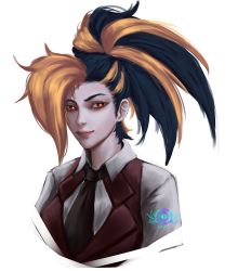 Rule 34 | 1girl, absurdres, akali, alternate costume, asymmetrical bangs, black hair, black necktie, blonde hair, collared shirt, cropped torso, geus (just geus), highres, league of legends, looking at viewer, multicolored hair, necktie, photoshop (medium), ponytail, red eyes, red vest, shirt, simple background, smile, solo, the baddest akali, two-tone hair, vest, white background, white shirt