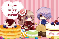 Rule 34 | 00s, 1boy, 1girl, bad id, bad pixiv id, brown hair, cake, candy, checkerboard cookie, chocolate, cookie, couple, dress, food, food-themed clothes, formal, hair over one eye, hat, hetero, kuroe (sugarberry), long hair, macaron, oversized object, pancake, pandora hearts, pastry, ponytail, purple eyes, red eyes, ribbon, sharon rainsworth, silver hair, syrup, xerxes break