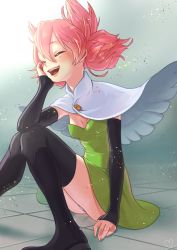 Rule 34 | 1girl, black thighhighs, breasts, capelet, closed eyes, detached sleeves, dress, green dress, green skirt, knees together feet apart, lips, nokuran, original, panties, pantyshot, pigeon-toed, pink hair, quad tails, short hair, sitting, skirt, small breasts, smile, solo, strapless, strapless dress, striped clothes, striped panties, thighhighs, underwear