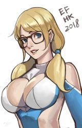 Rule 34 | 1girl, 2018, alternate hairstyle, bare shoulders, bespectacled, blue eyes, blue leotard, breasts, cleavage, cleavage cutout, clothing cutout, commentary, detached sleeves, earrings, english commentary, fuudo, glasses, jewelry, large breasts, leotard, lips, low twintails, medium hair, no mask, nose, phamoz, rainbow mika, shoulder cutout, solo, street fighter, street fighter v, swept bangs, twintails, upper body