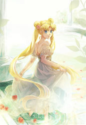 Rule 34 | 1girl, artist name, backless dress, backless outfit, backlighting, bishoujo senshi sailor moon, blonde hair, blue eyes, bracelet, clothes lift, column, crescent, crescent facial mark, dated, double bun, dress, dripping, facial mark, flower, from behind, hair bun, hair flower, hair ornament, hiyoya, jewelry, long hair, partially submerged, petals, pillar, skirt, skirt lift, solo, stairs, strapless, strapless dress, tsukino usagi, very long hair, wading, white dress