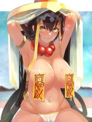 Rule 34 | 1girl, absurdres, armpits, arms behind head, arms up, beach, bead necklace, beads, black hair, blurry, blurry background, breasts, cleavage, closed mouth, cloud, eyelashes, fate/grand order, fate (series), hair between eyes, headpiece, highres, ichimegasa, jewelry, large breasts, light smile, long hair, looking at viewer, navel, necklace, o-ring, ofuda, okoru ringo, prayer beads, raised eyebrows, shiny skin, skindentation, solo, sweat, thighs, topless, very long hair, water, xuangzang sanzang (fate)