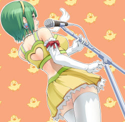 Rule 34 | 1girl, ass, back, back cutout, breasts, clothing cutout, earrings, elbow gloves, from behind, gloves, green hair, heart cutout, idolmaster, idolmaster (classic), jewelry, microphone, microphone stand, mole, mole under mouth, otonashi kotori, panties, pantyshot, red eyes, short hair, shougi (116), solo, taiko no tatsujin, thighhighs, underwear, white gloves, white thighhighs