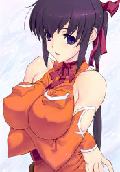 Rule 34 | 00s, 1girl, bare shoulders, black hair, breast hold, breasts, crossed arms, detached sleeves, elbow gloves, covered erect nipples, final fantasy, final fantasy unlimited, gloves, hair ribbon, large breasts, lisa pacifist, long hair, nageringo, ponytail, purple eyes, ribbon, solo