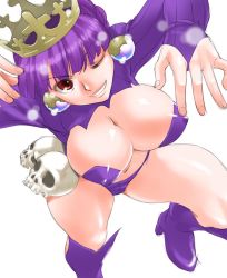 Rule 34 | 1girl, alternate costume, atlus, boots, breasts, cleavage, covered erect nipples, crown, earrings, gradriel, gradriel de valendia, jewelry, large breasts, legs, midriff, one eye closed, princess crown, red eyes, revealing clothes, shinama, simple background, skull, smile, solo, white background, wink