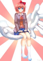 Rule 34 | 1girl, artist name, blue eyes, blue skirt, bow, breasts, brown jacket, commentary, disembodied hand, doki doki literature club, english commentary, full body, hair between eyes, hair bow, highres, jacket, long sleeves, looking at viewer, medium breasts, neck ribbon, open clothes, open jacket, red bow, red hair, red ribbon, ribbon, sayori (doki doki literature club), school uniform, shoes, short hair, sitting, skirt, smile, socks, solo, sunburst, sunburst background, takuyarawr, uwabaki, white socks, wing collar