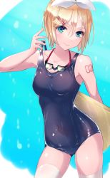 Rule 34 | 1girl, blonde hair, blue eyes, blue one-piece swimsuit, bow, breasts, clothes pull, collarbone, commentary request, covered navel, cowboy shot, gluteal fold, goggles, goggles around neck, hair bow, hair ornament, hairclip, highres, kagamine rin, looking at viewer, medium breasts, one-piece swimsuit, one-piece swimsuit pull, saikuu, school swimsuit, solo, swimsuit, tattoo, thighhighs, vocaloid, wet, wet clothes, white bow, white thighhighs