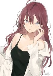Rule 34 | 1girl, ahoge, bare shoulders, black camisole, blue eyes, blush, breasts, brown hair, camisole, cleavage, collarbone, earrings, hair between eyes, highres, ichinose shiki, idolmaster, idolmaster cinderella girls, jewelry, long hair, long sleeves, looking at viewer, lpip, off shoulder, open clothes, open mouth, open shirt, parted lips, shirt, signature, simple background, solo, strap slip, upper body, wavy hair, white background, white shirt