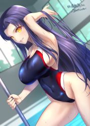 Rule 34 | 1girl, bad id, bad twitter id, blue hair, blue one-piece swimsuit, blush, breasts, cleavage, commission, competition swimsuit, covered navel, dark blue hair, from side, hand in own hair, handrail, highres, large breasts, long hair, looking at viewer, makishima azusa, one-piece swimsuit, orange eyes, original, parted bangs, pool, second-party source, skeb commission, smile, solo, swimsuit