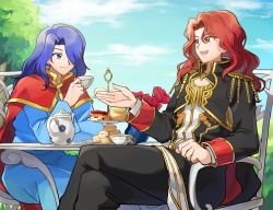 Rule 34 | 2boys, absurdres, arvis (fire emblem), betabetamaru, biscuit (bread), blue eyes, blue hair, crossover, cup, fire emblem, fire emblem: genealogy of the holy war, highres, holding, holding cup, long hair, multiple boys, nintendo, open mouth, red eyes, red hair, scone, sitting, smile, streibough, tea party, tea set
