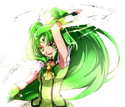 Rule 34 | 10s, 1girl, arm up, armpits, big hair, black bow, black bowtie, bow, bowtie, brooch, chiyo (rotsurechiriha), choker, cure march, green eyes, green hair, green theme, hair ornament, head wings, jewelry, long hair, looking at viewer, magical girl, matching hair/eyes, midorikawa nao, open mouth, ponytail, precure, simple background, sketch, smile, smile precure!, solo, tiara, white background, wings