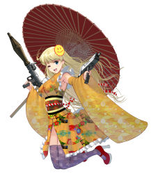 Rule 34 | 1girl, ;d, blonde hair, blue eyes, breasts, detached sleeves, full body, gun, japanese clothes, kimono, kouno (masao), large breasts, long hair, obi, oil-paper umbrella, one eye closed, open mouth, original, purple thighhighs, rocket, rocket launcher, rpg (weapon), sash, simple background, smile, smiley face, solo, submachine gun, thighhighs, umbrella, weapon, white background