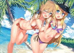 Rule 34 | 10s, 2girls, absurdres, bad id, bad pixiv id, bandeau, bangle, bikini, bismarck (kancolle), blonde hair, blue eyes, blush, bracelet, grabbing another&#039;s breast, breasts, cleavage, cloud, cloudy sky, day, eyebrows, grabbing, grabbing from behind, hair between eyes, halterneck, hat, highres, jewelry, kantai collection, kawai (purplrpouni), leaning forward, leg up, long hair, looking at viewer, low twintails, military hat, multiple girls, o-ring, o-ring bikini, o-ring top, ocean, one eye closed, open mouth, outdoors, palm tree, peaked cap, prinz eugen (kancolle), purple bikini, red bikini, shiny skin, shore, side-tie bikini bottom, sky, standing, standing on one leg, string bikini, swimsuit, thigh gap, tree, twintails, water