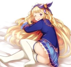 Rule 34 | 10s, 1girl, ;d, alternate costume, ass, blazer, blonde hair, blush, cagliostro (granblue fantasy), cagliostro (youthful uniform) (granblue fantasy), granblue fantasy, hair ribbon, hairband, jacket, long hair, long sleeves, looking at viewer, looking back, lying, miniskirt, no panties, no shoes, on side, one eye closed, open mouth, purple eyes, ribbon, school uniform, skirt, smile, solo, thighhighs, tiara, tobi-mura, very long hair, white thighhighs