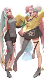 Rule 34 | 2girls, blue hair, breasts, commentary request, creatures (company), double bun, dual persona, eyelashes, full body, game freak, grey footwear, hair bun, highres, iono (pokemon), jacket, long hair, medium breasts, momdy (talesshinja), multicolored hair, multiple girls, nintendo, open mouth, pink eyes, pink hair, pokemon, pokemon sv, sharp teeth, simple background, single leg pantyhose, skin tight, skindentation, sleeves past fingers, sleeves past wrists, smile, teeth, thigh strap, two-tone hair, very long hair, white background, yellow jacket