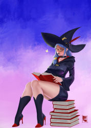 Rule 34 | 1girl, black lips, blue hair, book, boots, botslim, breasts, choker, glasses, hat, high heel boots, high heels, highres, legs, lipstick, little witch academia, long hair, makeup, reading, sitting, ursula callistis, witch, witch hat