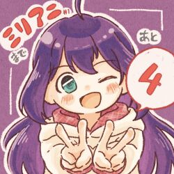 Rule 34 | 1girl, 77haniwa, ahoge, aqua eyes, blush, commentary, double v, finger counting, hair between eyes, hands up, hood, hoodie, idolmaster, idolmaster million live!, long hair, long sleeves, looking at viewer, mochizuki anna, one eye closed, open mouth, pink hoodie, purple background, purple hair, sidelocks, smile, solo, spoken number, upper body, v