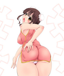 Rule 34 | 1girl, ass, ass grab, bare shoulders, blush, breasts, brown eyes, brown hair, bun cover, china dress, chinese clothes, deep skin, dress, female focus, from behind, huge ass, large breasts, looking at viewer, looking back, nekohane ryou, open mouth, original, panties, pantyshot, shiny clothes, shiny skin, short hair, skin tight, solo, thick thighs, thighs, underwear, wide hips