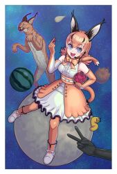 Rule 34 | 1girl, animal, animal ears, belt, blue eyes, bow, bowtie, caracal, caracal (kemono friends), cat ears, cat girl, cat tail, elbow gloves, extra ears, food, fruit, gloves, highres, kemono friends, kemono friends v project, long hair, looking at viewer, magmagma97, microphone, moon, orange hair, shirt, shoes, skirt, sleeveless, sleeveless shirt, space, tail, thighhighs, virtual youtuber, watermelon