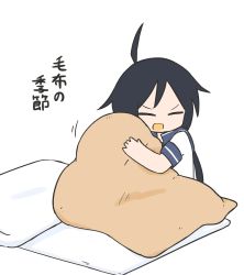 Rule 34 | 1girl, ahoge, bed, black hair, blue sailor collar, cheno (amakuchi mustard), closed eyes, commentary request, futon, hair ornament, hairclip, highres, hug, kako (kancolle), kantai collection, long hair, messy hair, one-hour drawing challenge, parted bangs, ponytail, sailor collar, school uniform, serafuku, simple background, smile, solo, translation request, upper body, white background