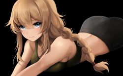 Rule 34 | 1girl, absurdres, artist name, ass, bare shoulders, bike shorts, black background, blonde hair, blue eyes, braid, breasts, commentary, furuca, green tank top, hair between eyes, highres, indie virtual youtuber, large breasts, looking at viewer, mole, single braid, smile, solo, symbol-only commentary, tank top, whiskey project