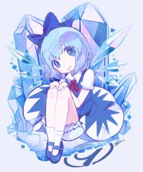 Rule 34 | 1girl, bloomers, blue bow, blue dress, blue eyes, blue footwear, blue gemstone, blue hair, bow, circled 9, cirno, closed mouth, collared shirt, commentary, crystal, crystal wings, dot nose, dress, eyes visible through hair, frilled bloomers, full body, gem, hair bow, hands on own knees, head tilt, kiato, knees up, legs together, looking at viewer, mary janes, neck ribbon, pinafore dress, red ribbon, ribbon, ribbon-trimmed bloomers, ribbon trim, shirt, shirt under dress, shoes, short hair, short sleeves, simple background, sitting, sleeveless, sleeveless dress, smile, socks, solo, touhou, underwear, white bloomers, white shirt, white socks