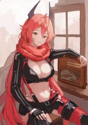 Rule 34 | 1girl, antenna hair, black gloves, black jacket, black pants, breasts, cleavage, closed mouth, commentary, cropped jacket, crotch plate, fingerless gloves, gloves, goddess of victory: nikke, hair between eyes, herfstijl, highres, hip vent, horns, jacket, large breasts, leather, leather jacket, leather pants, long hair, long sleeves, looking at viewer, mechanical horns, navel, pants, radio, red hair, red hood (nikke), red scarf, scarf, sidelocks, sitting, smile, solo, unzipped, window, yellow eyes