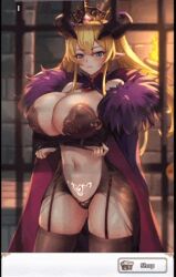 Rule 34 | 1girl, alberta (project qt), animated, animated gif, arms under breasts, black garter straps, black gloves, black panties, black thighhighs, blonde hair, blue eyes, blush, breast lift, breasts, cape, cleavage, covered erect nipples, crown, demon girl, demon horns, elbow gloves, fingerless gloves, fur-trimmed cape, fur trim, garter straps, gloves, hand on own hip, horns, huge breasts, long hair, looking at viewer, navel, panties, pointy ears, project qt, pubic tattoo, red cape, revealing clothes, sidelocks, stomach, tattoo, thick thighs, thighhighs, thighs, underwear, wide hips