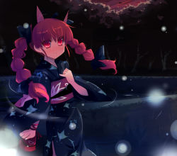 Rule 34 | 1girl, animal ears, blurry, bokeh, braid, cat ears, cat girl, depth of field, female focus, hair ribbon, japanese clothes, kaenbyou rin, kimono, light particles, red eyes, red hair, ribbon, shin (new), short hair, solo, touhou, twin braids, twintails