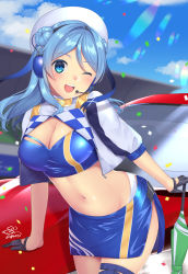 Rule 34 | 1girl, bandeau, black gloves, blue bandeau, blue eyes, blue hair, blue skirt, blue sky, blurry, breasts, car, cleavage, cloud, confetti, cowboy shot, cropped jacket, day, depth of field, double bun, doughnut hair bun, gloves, hair bun, half gloves, hat, headphones, headset, highres, jacket, kantai collection, large breasts, microphone, midriff, mini person, minigirl, motor vehicle, one eye closed, outdoors, planted, planted umbrella, race queen, sailor hat, shrug (clothing), skirt, sky, smile, solo, umbrella, unoshima kanaka, urakaze (kancolle), white jacket