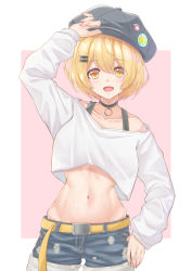 Rule 34 | 1girl, alternate costume, belt, black hat, blonde hair, bra strap, cabbie hat, casual, choker, clothing request, contemporary, crop top, denim, denim shorts, eyebrows hidden by hair, fang, flat cap, hair between eyes, hair ornament, hairclip, hand on headwear, hat, highres, hololive, jewelry, long sleeves, looking at viewer, midriff, navel, necklace, open mouth, shirt, short hair, short shorts, shorts, skin fang, smile, solo, vampire, virtual youtuber, white shirt, yellow eyes, yozora mel