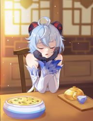 Rule 34 | 1girl, absurdres, ahoge, architecture, arm support, black bodysuit, black gloves, blue hair, blurry, bodysuit, bowl, chair, closed eyes, commentary, cup, depth of field, detached sleeves, east asian architecture, english commentary, food, ganyu (genshin impact), genshin impact, gloves, hair between eyes, head rest, highres, hiroside, long hair, looking at viewer, parted lips, sidelocks, sleeping, solo, soup, table, teacup, teapot, wide sleeves