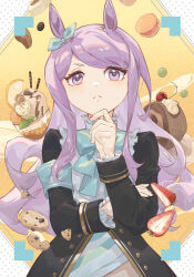 Rule 34 | 1girl, absurdres, animal ears, armband, black coat, bow, bowtie, cake, cherry, chocolate, closed mouth, coat, cookie, ear bow, food, frown, fruit, hand on own chin, highres, horse ears, long hair, long sleeves, macaron, mejiro mcqueen (umamusume), mie lu, purple eyes, purple hair, shirt, solo, striped clothes, striped shirt, stroking own chin, tiramisu, umamusume, upper body