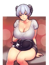 Rule 34 | 1girl, animal, animal ears, animal on lap, black cat, black skirt, blue eyes, blurry, blurry background, blush, bra visible through clothes, breasts, cat, cleavage, closed mouth, collarbone, erkaz, hair between eyes, hand on another&#039;s head, highres, horns, lap pillow, large breasts, miniskirt, on lap, original, petting, pink lips, shirt, short hair, short sleeves, silver hair, sitting, skirt, sleeping, smile, tail, thick thighs, thighs, white background, white shirt